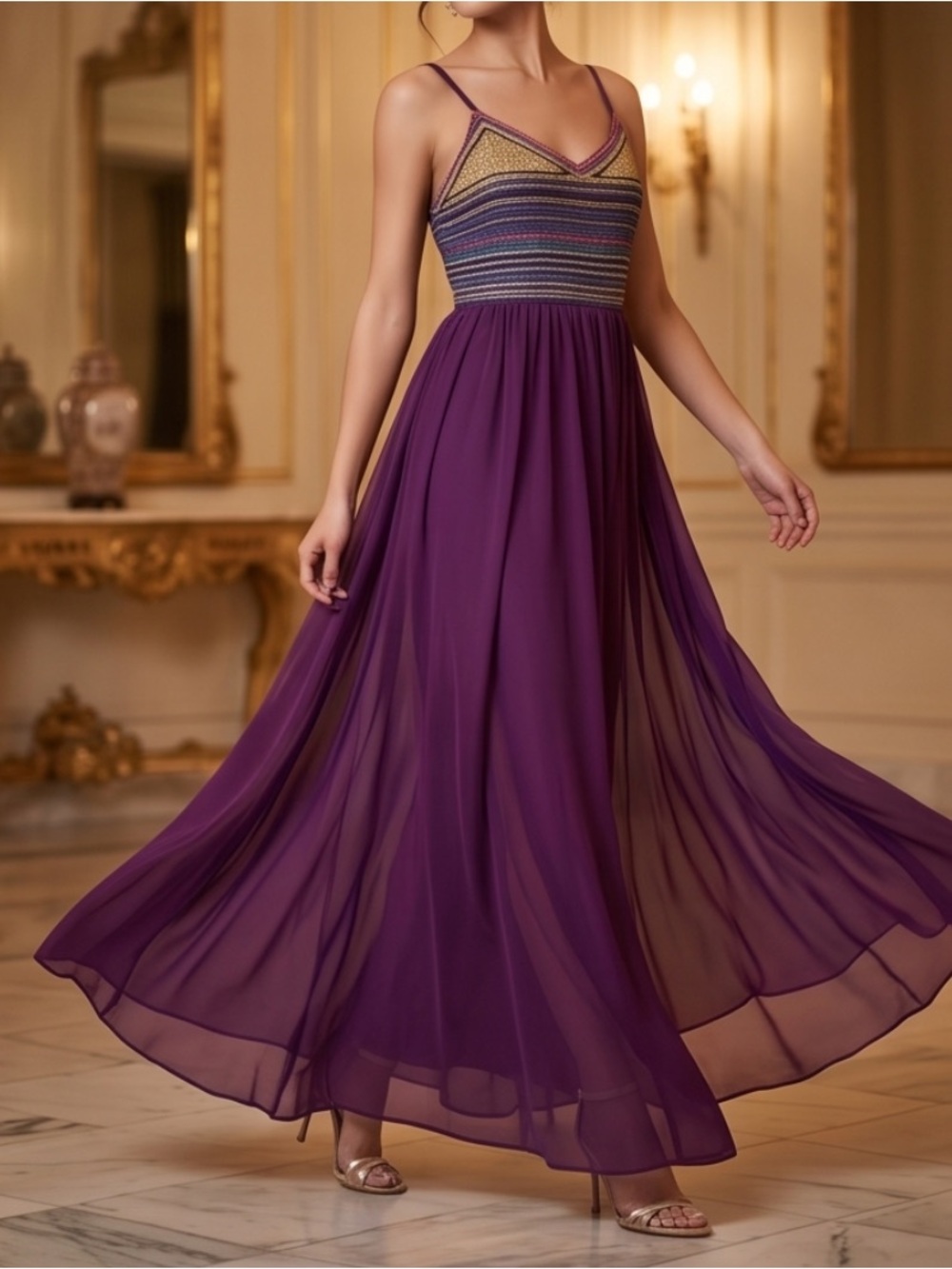 NWT Michel Studio Purple Maxi Long vacation Dress with Striped Beaded Bodice